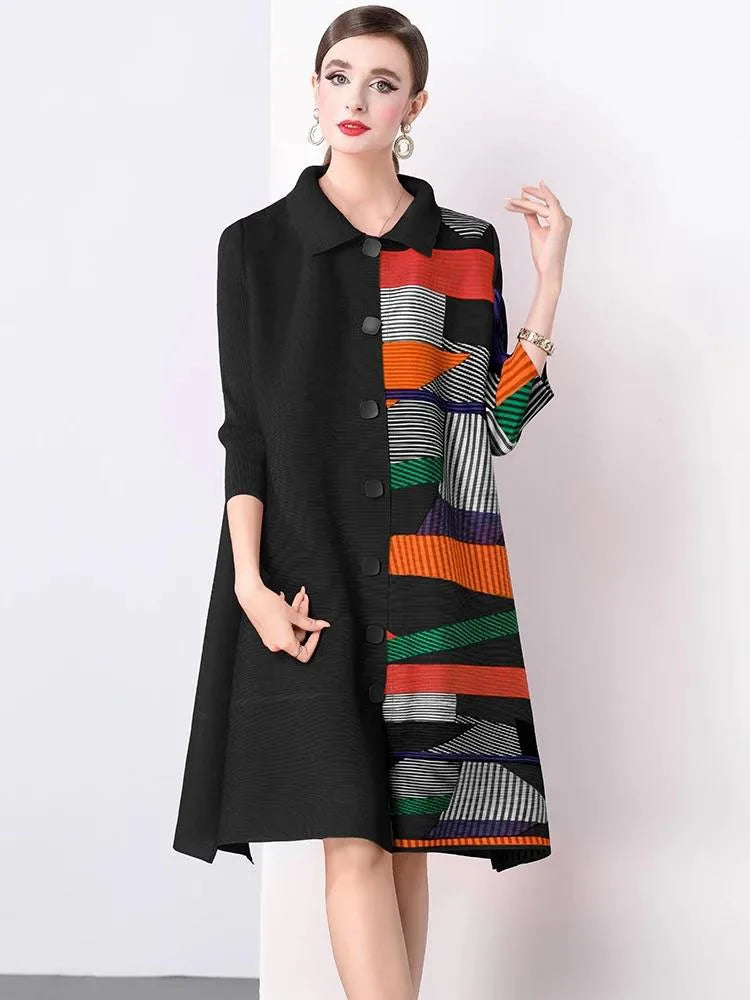 Maxy Women's Single Breasted High Stretch Oversized Pleated Shirt Dress Spring Fashion Color block Miyake Draped Loose Party Clothing
