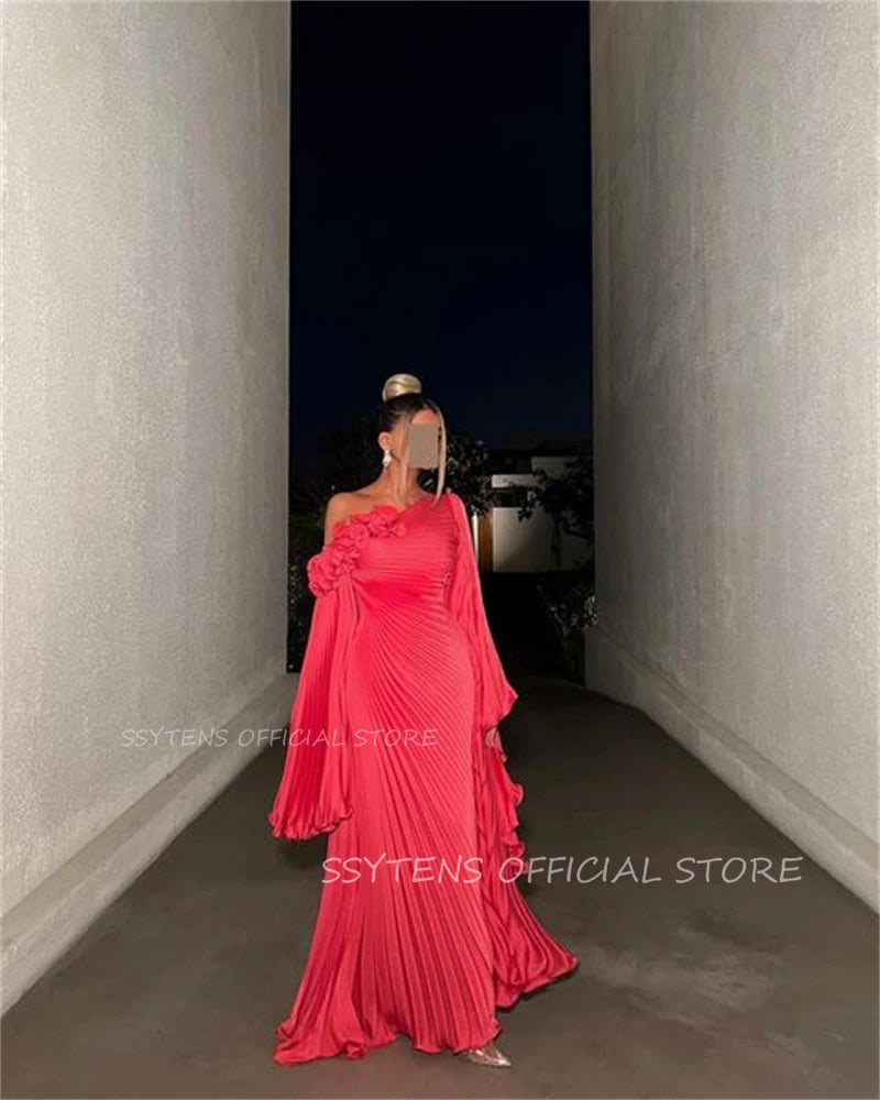 Maxy Elegant Vintage Red A Line Customized Formal Occasion Prom Dress One Shoulder vestidos Satin Pleats Arabic Evening Party Gowns