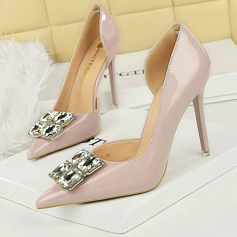 Visco BIGTREE Shoes NEW Luxury high heels Rhinestone Design Women Pumps Patent leather Female heels stilettos Fashion Sexy Party shoes