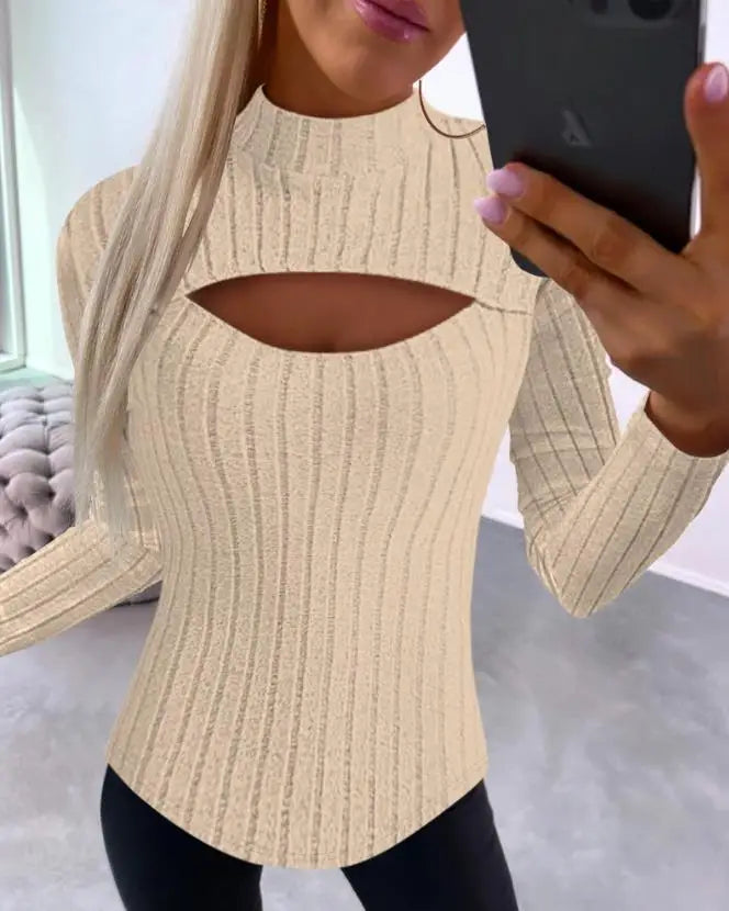 Maxy Standing Collar Hollow Out Long Sleeve Rib Top New Fashion Hot Selling Women's Autumn and Winter