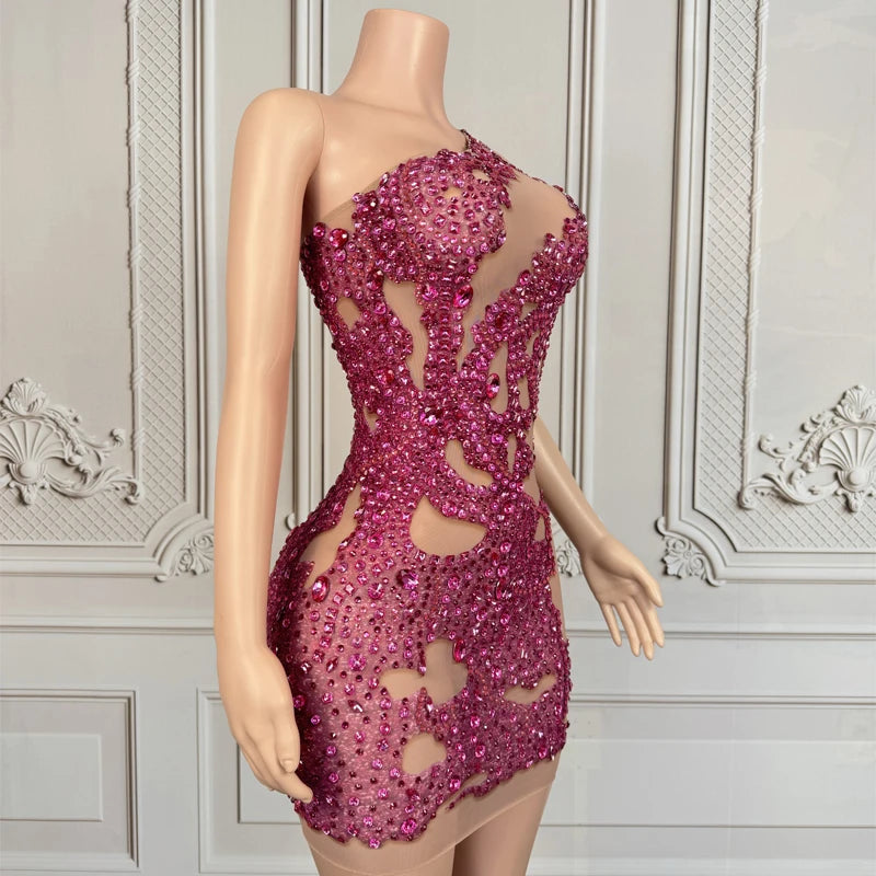 Maxy Pink Rhinestones Party Dress Women Celebrate Performance Outfit Nightclub Bar Festival Dresses Evening Gown Stage Wear