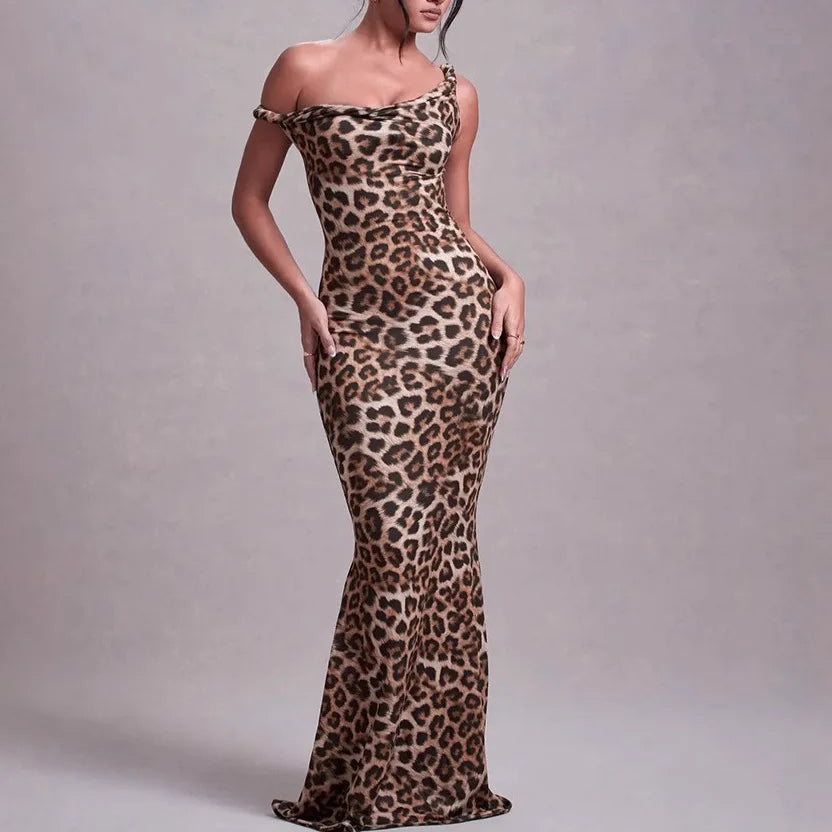 Dress Women Leopard Print Twist Knot Straps Dresses Spring Summer Off Shoulder Slim Fit Bodycon Evening Party Maxi Gown