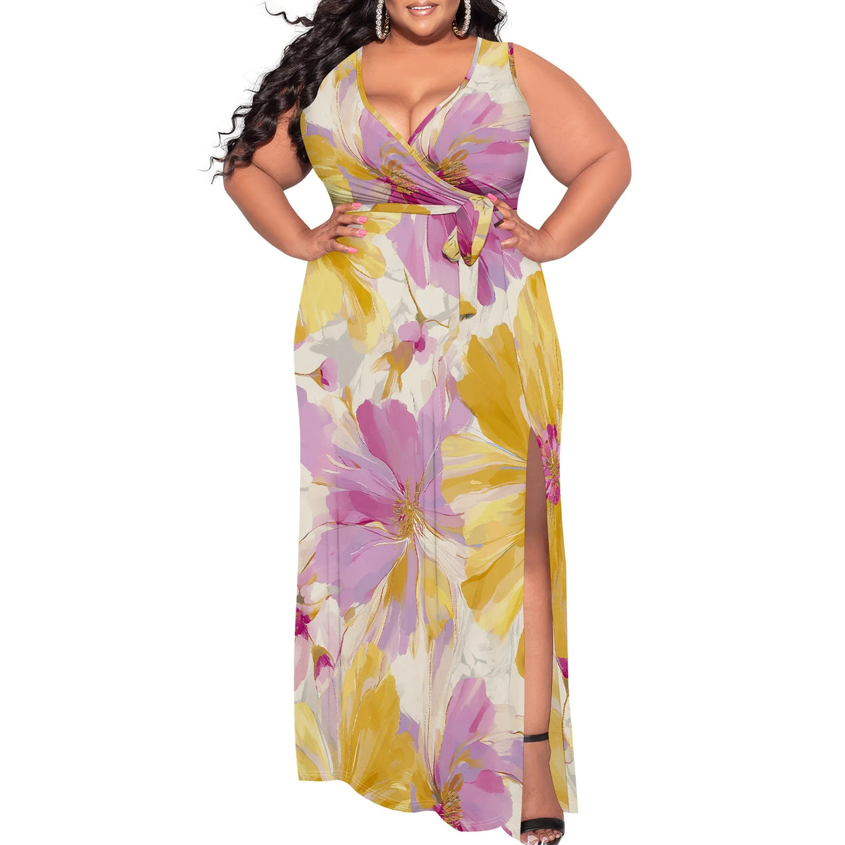 Maxy Elegant Floral Maxy Dress XL-6XL Women's Spring Plus Size V-Neck for Church or Garden Brunch