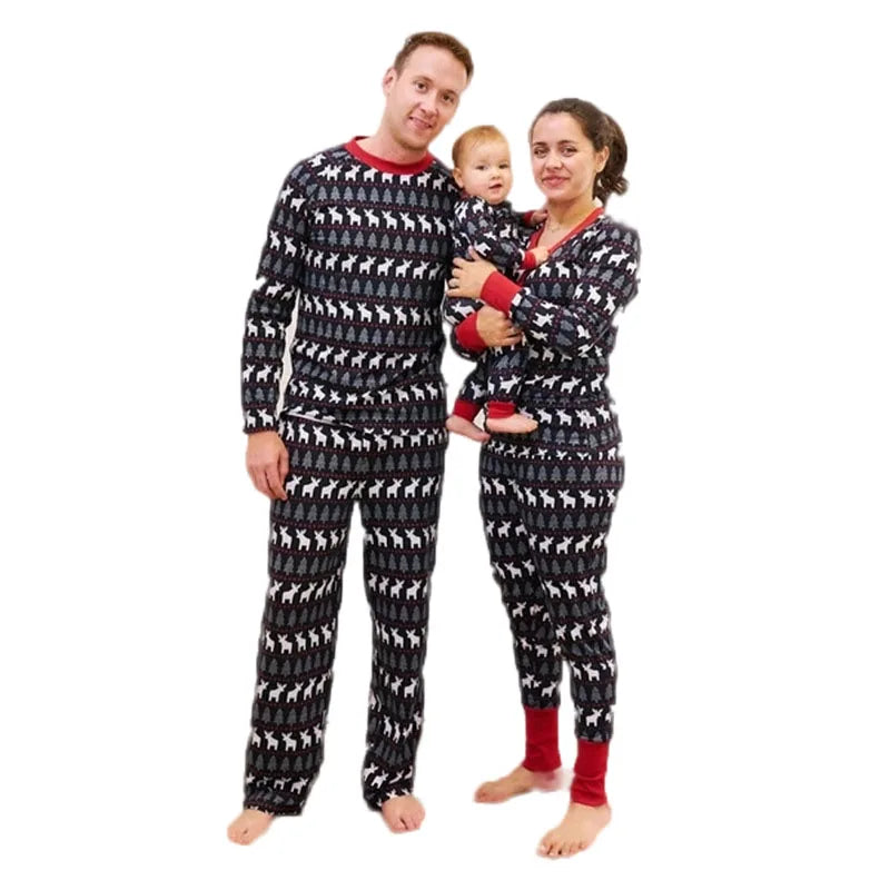 Family Christmas Pajamas Set Parents Kids Children Deer Print Home Sleepwear Nightwear Autumn Winter Matching Outfits