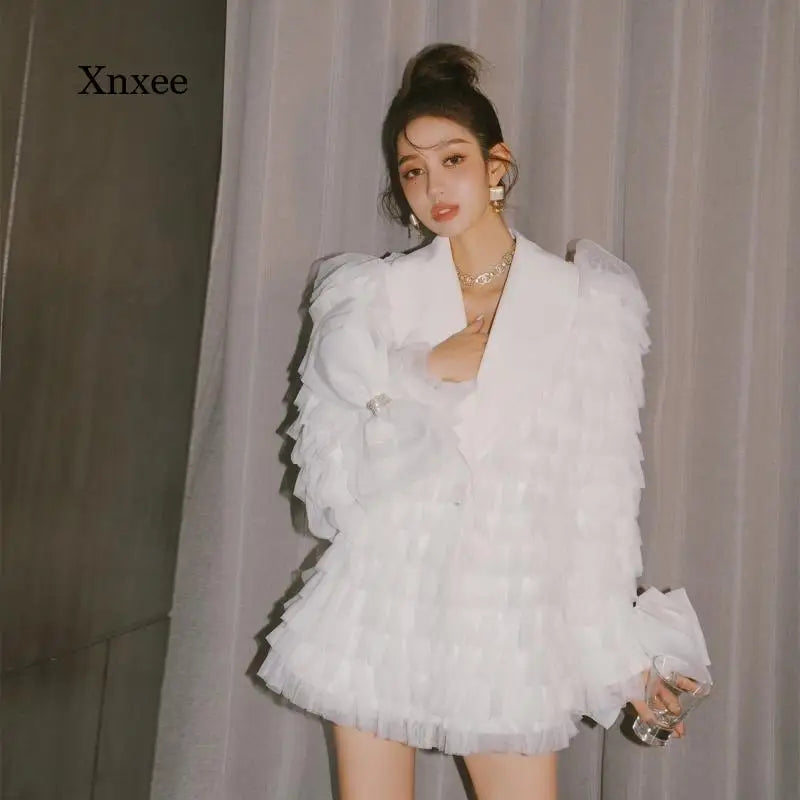 Maxy Ruffles Bubble Sleeve Mesh Tulle White Blazer Dress Women Elegant Fashion Diamonds Bow Long Blazer Coats