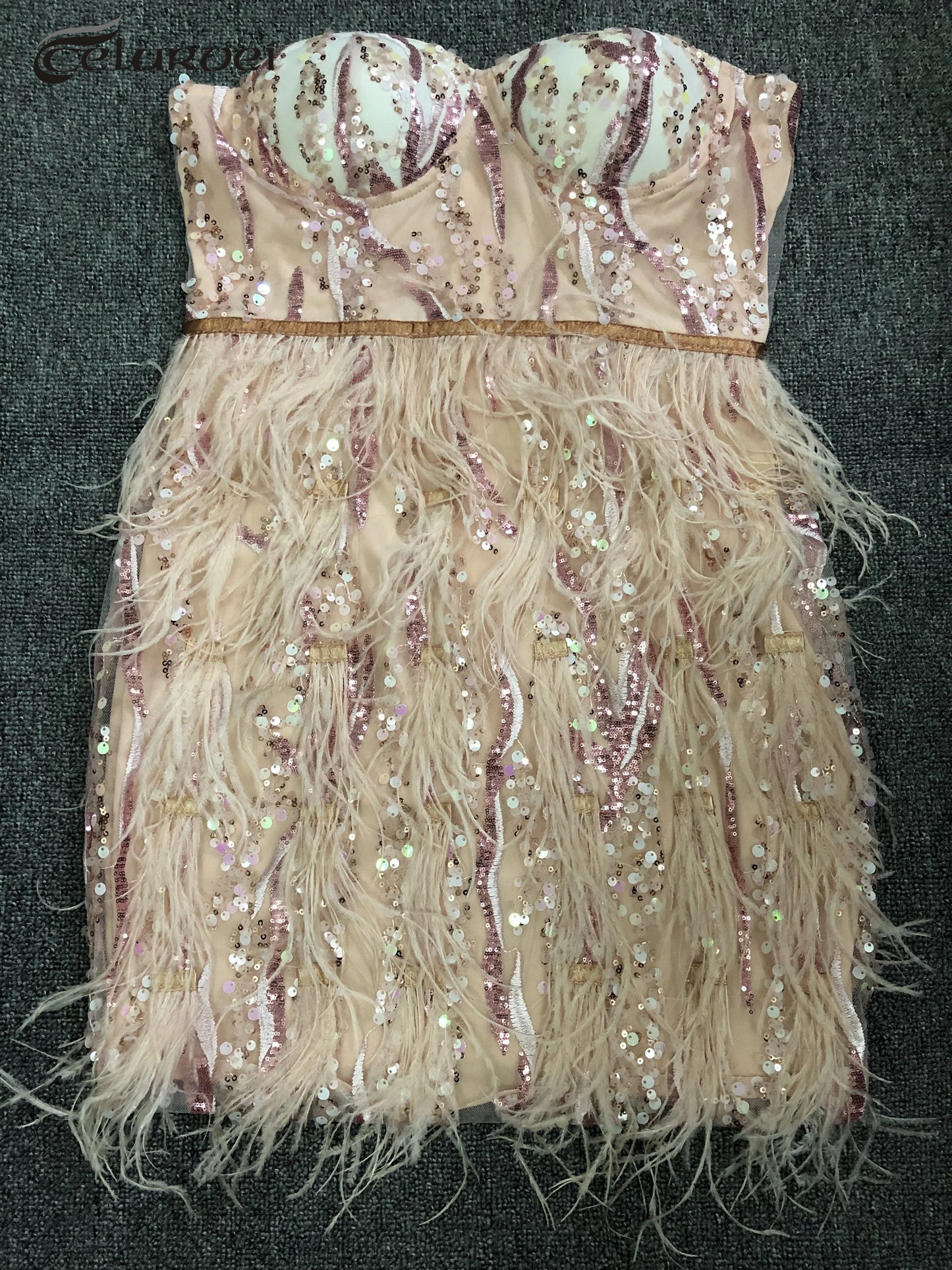 Babs High Quality Pink Sequin Feather Mini Dress Fashion Strapless Night Club Party Bodycon Dress