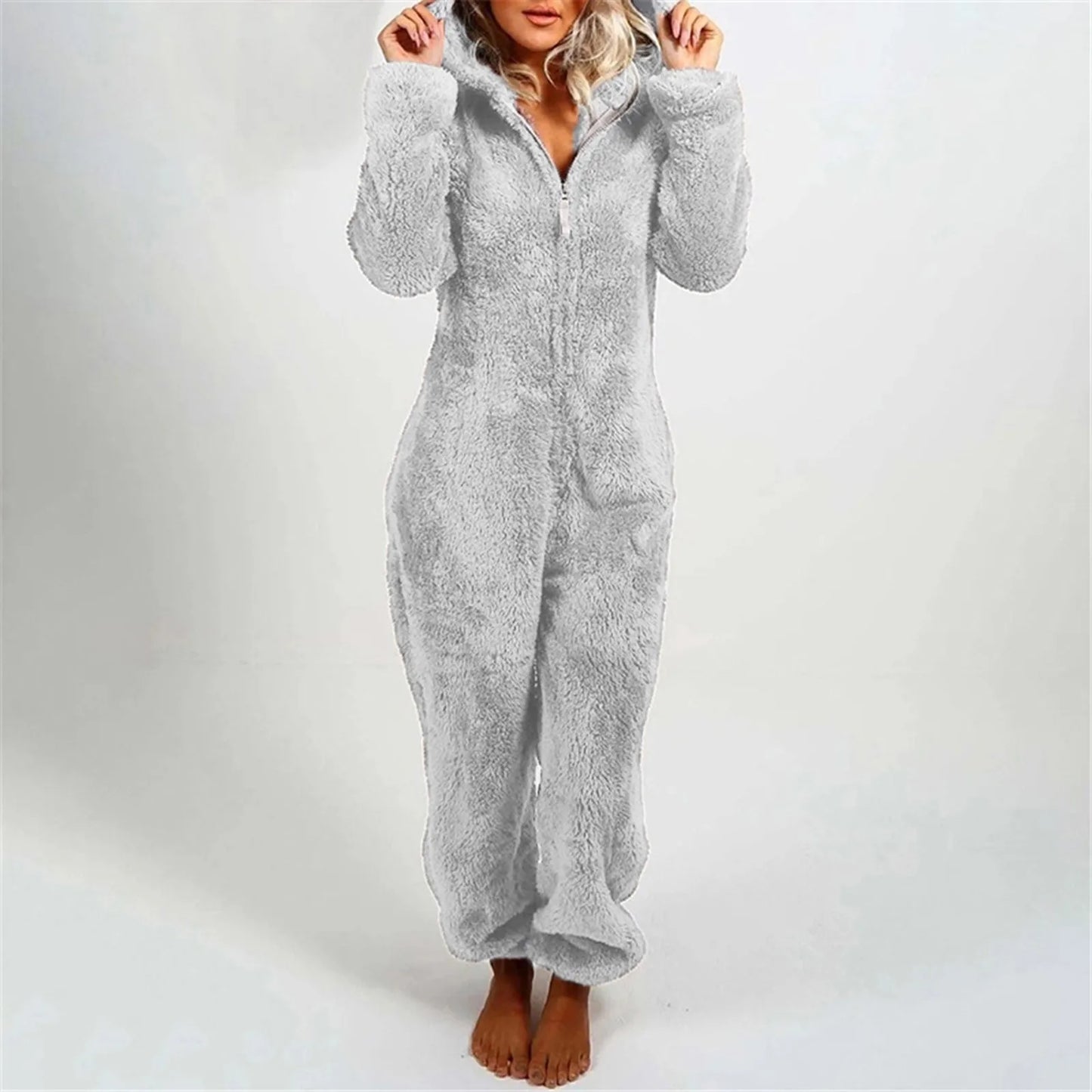 Babs Plus Size Coral Fleece Jumpsuit for Women Christmas Pajamas One-Piece Pyjamas Winter Warm Women Hooded Onesies Sleepwear