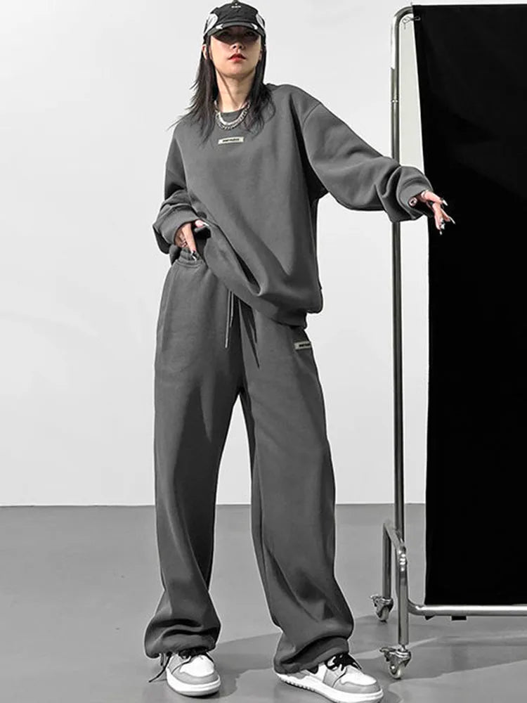 Maxy Korean Fashion Thicken 2 Piece Sets Women O-neck Velvet Lined Pullover Tops Conjuntos Winter Warm Solid Sweatpants Tracksuit New