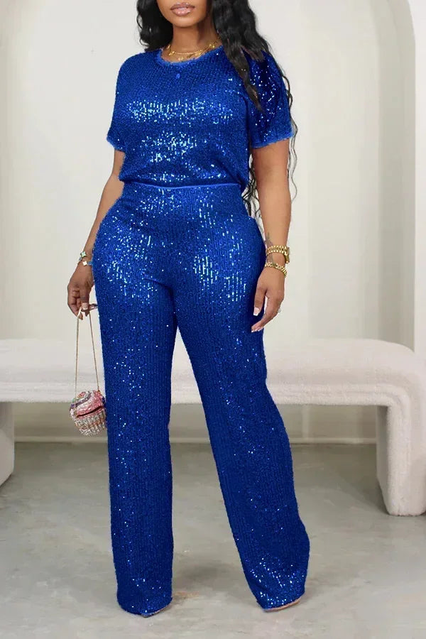 Maxy Autumn Casual Sequin Two Piece Set for Women Fashion Solid Short Sleeved Tshirt Wide Leg Pants Sequin Two Piece Set Women