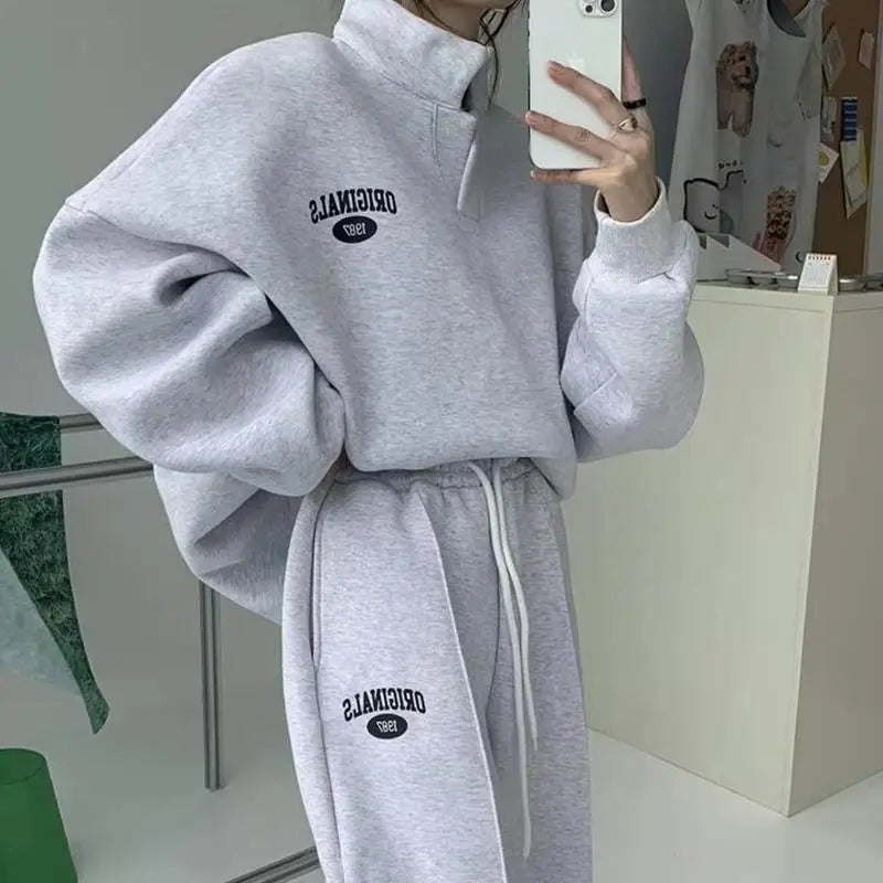 Maxy  Fashion Letter Print Two Piece Sets Women Casual Pullover Hoodies + Loose Female Trousers Suit Tracksuit Sportswear Sets