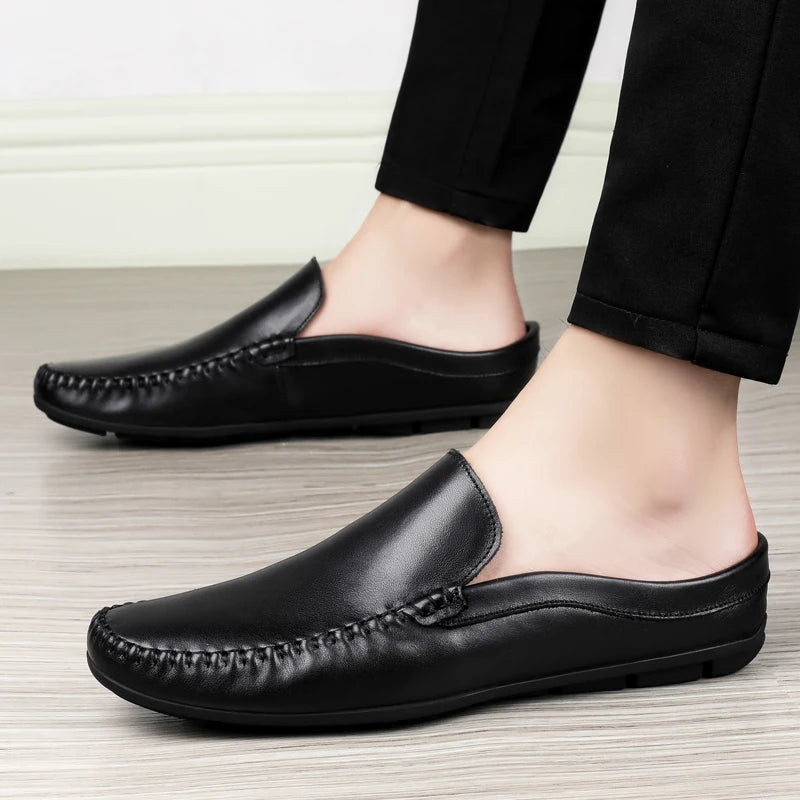 Summer Mens Low Casual Slip On Half Shoes For Men High Quality Leather Italian Designer Breathable