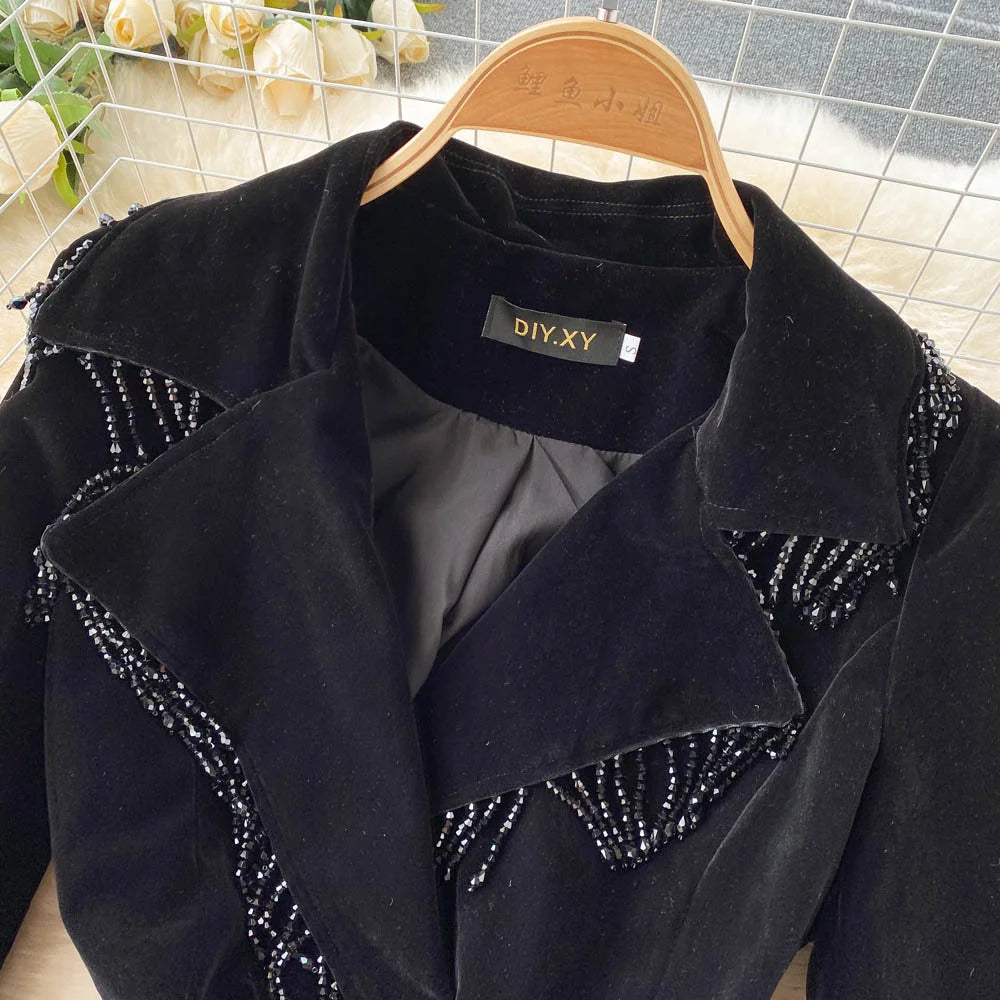 Maxy Autumn Winter Women Black Velvet Dress Vintage Bling Tassel Notched Collar Suit Coat Trench Party Dress