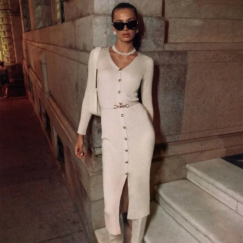 Amay Fall Knitted Slit Long Dress Women's Solid Ribbed Patchwork Cardigan Elegant Slim Party Dress Knitted Women's Long Dress