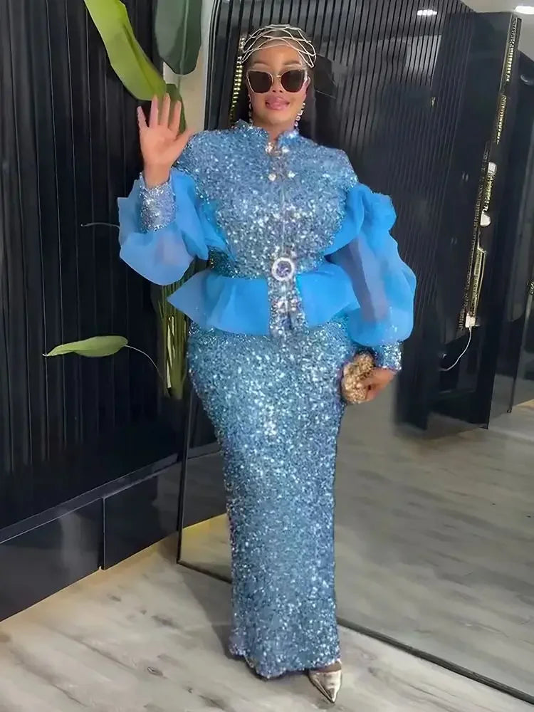 Amay Clothes for Women 2 PCS Sets Tops and Skirts Suits Dashiki Ankara Turkey Sequin Outfit Plus Size Wedding Party Dresses