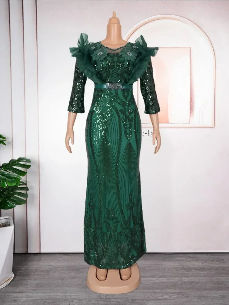 Maxy Plus Size Party Dresses for Women Dashiki Ankara Sequin Wedding Evening Gown Sexy Bodycon Maxy Robe Africa Clothing