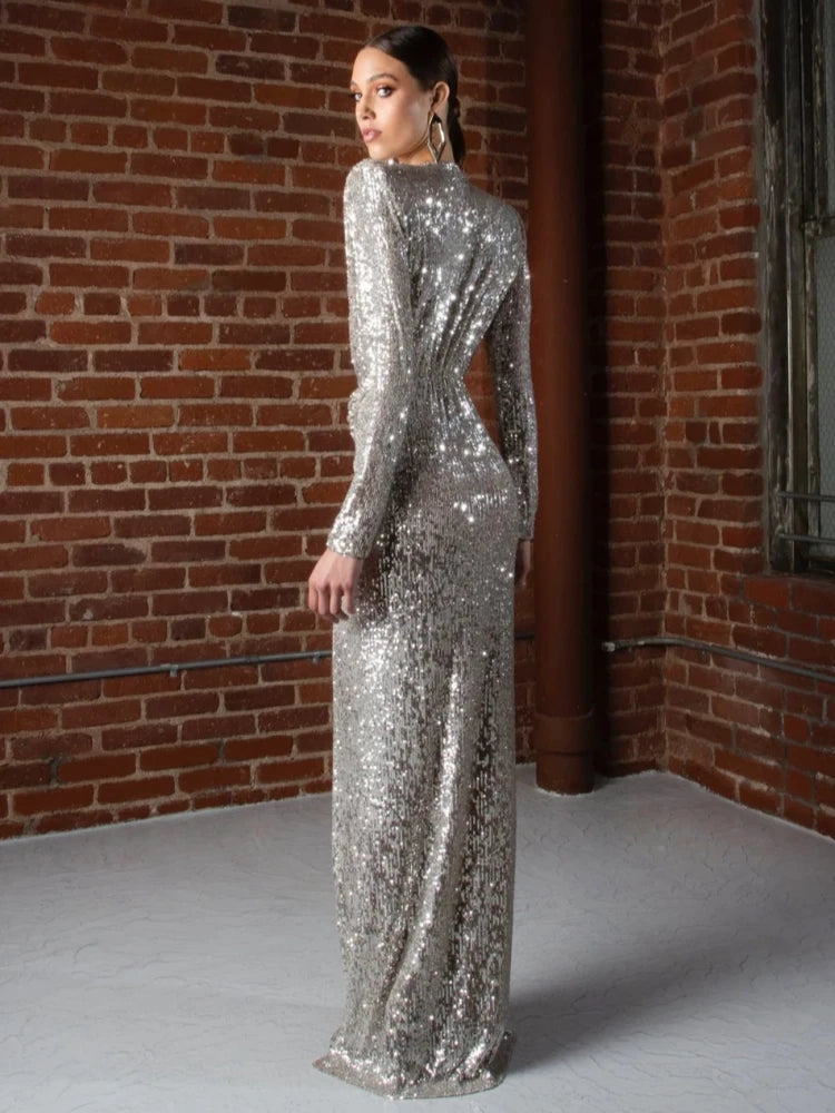 Maxy Sexy Deep V Neck Long Sleeve Shiny Sequins Folds Long Dress Women Sliver Gray Draped Split Slim Dresses Eveing Party Club Gowns