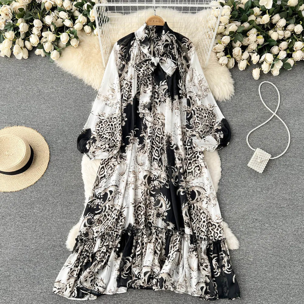 Maxy Women's Runway Fashion Spring Summer Long Sleeve Casual Loose Print Dress Female High Waist Chic Party A-line Dress TB2615