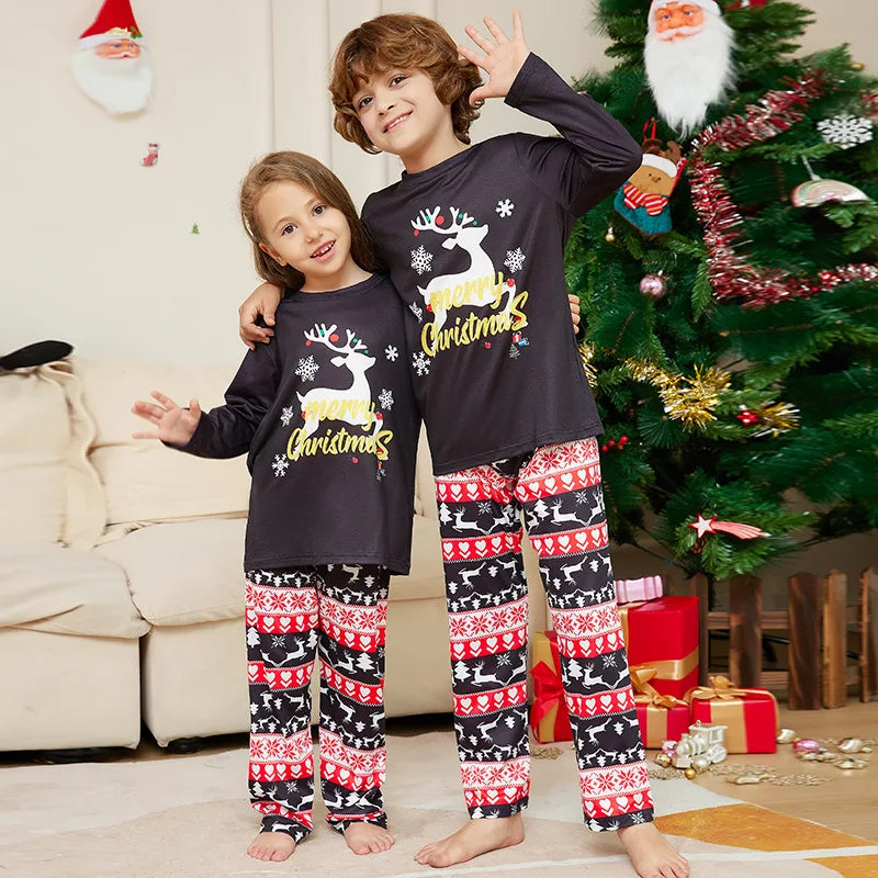 Christmas Family Matching Outfits Cartoon Elk Print Set Parent-child 2 Pieces Suit Casual Pajamas Baby Romper Xmas Look Pyjamas