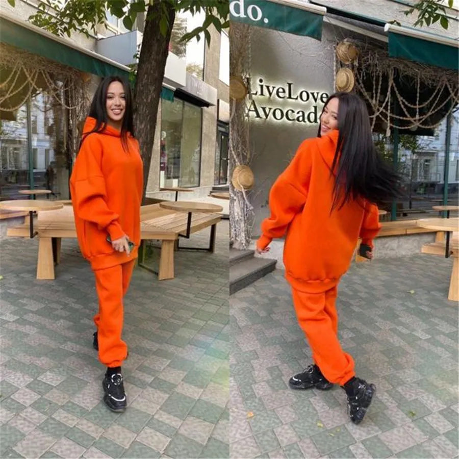 Maxy Winter Two Piece Set Women Tracksuit Oversized Suit 2024 Autumn Trouser Suits Female Sweatshirt Solid Sports Hoodie Sportswear