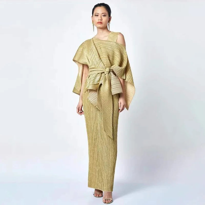 Amay Women's yellow Maxy lace-up cloak + sleeveless dress Pleated Fashion plus-size elegant evening dresses