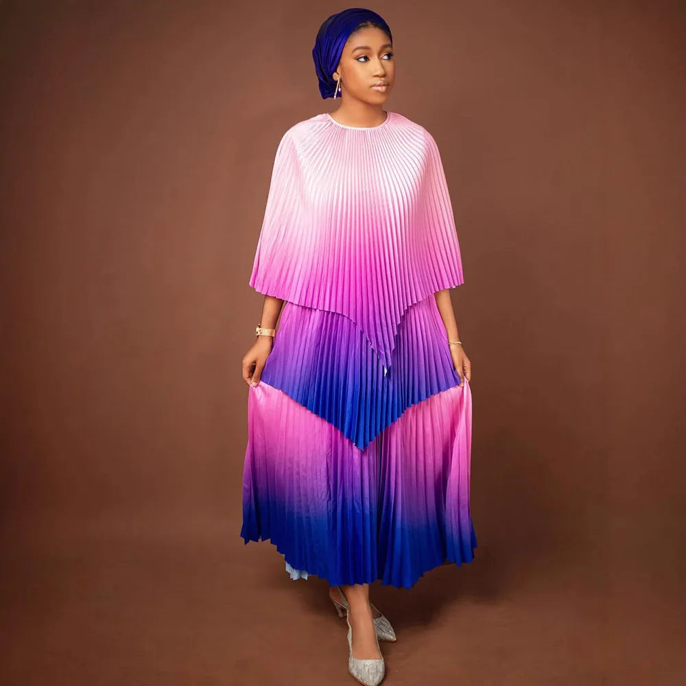 Maxy Fashion Plus Size Women Dress Miyake Pleated Gradient Color Ladies Clothing Irregular Shawl Top &  A-line Skirt New