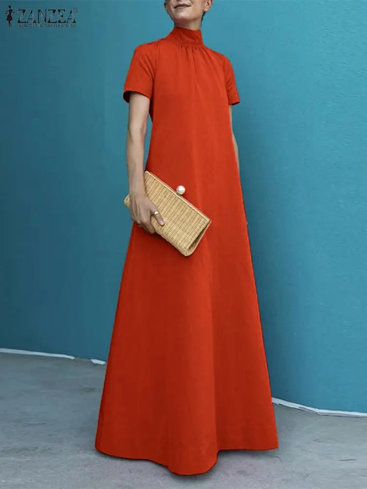 Maxy Summer High Collar Kleid Robes Casual Loose Party Long Dresses Women Short Sleeve Maxi Dress Elegant Solid dress