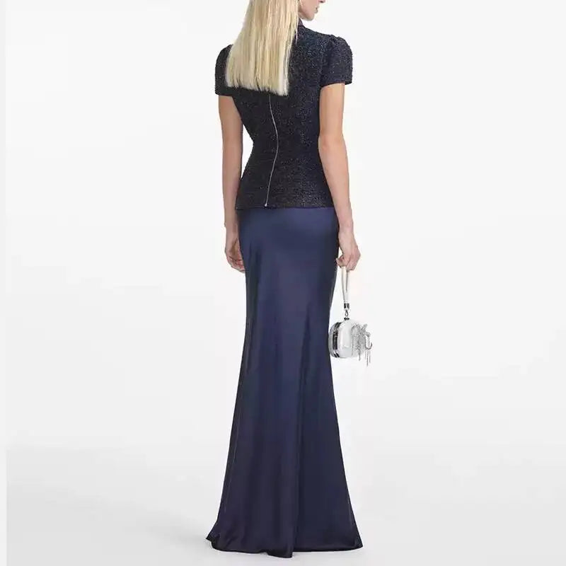 Maxy Formal Luxury Evening Dresses Women Summer Autumn Single Breasted Crystal Satin Tweed Long Dress Blue Party Dinner
