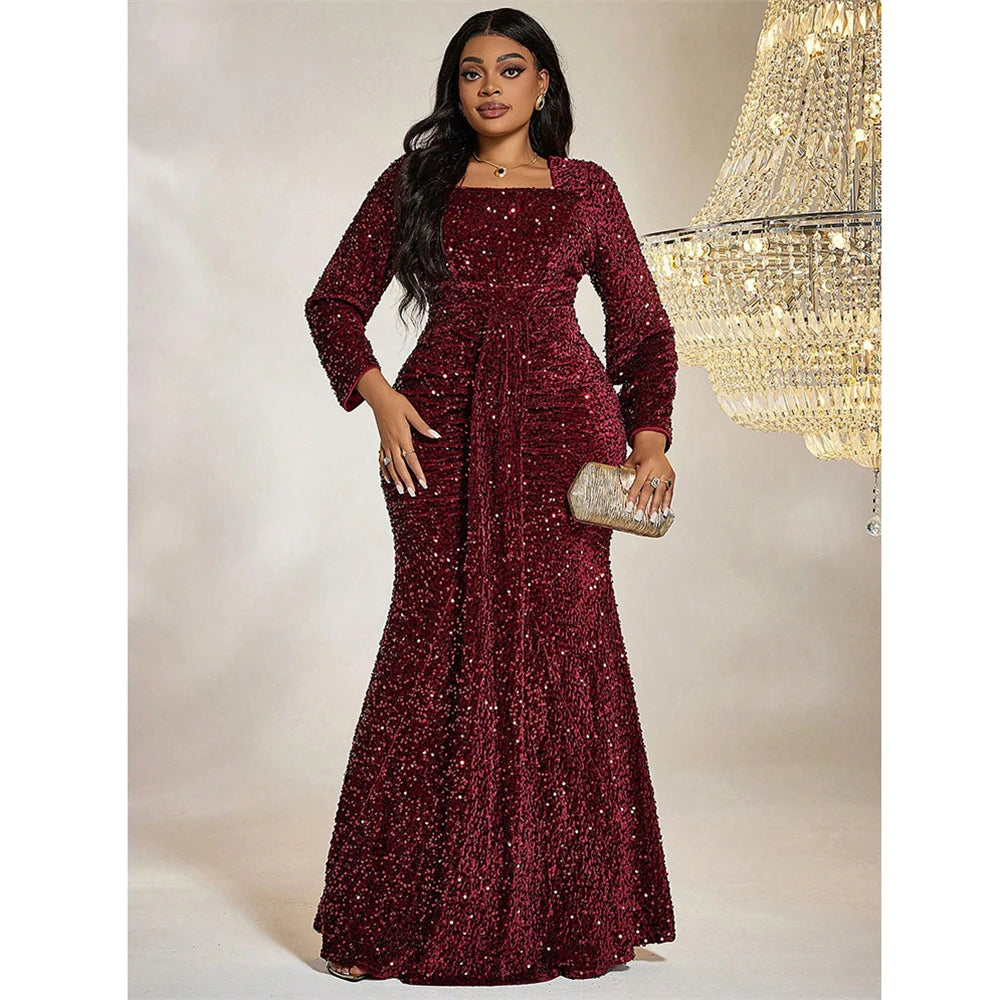 Maxy Plus Size Square Neck Sequin Luxury Extra Long Glitter Evening Gown Big Size Women Wedding Banquet Wine Red Sequin Evening Dress