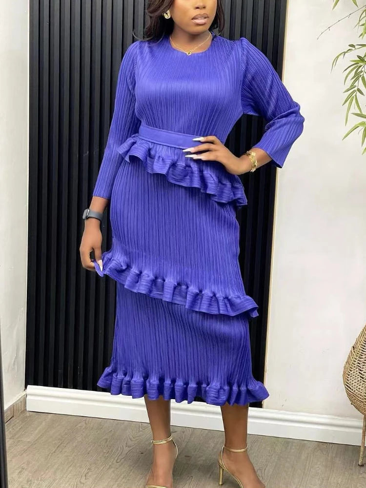 Babs Elegant Dresses for Women Long Sleeve O Neck Layered Ruffles Trim Bodycon Dress with Belt Stylish Chic Female Spring Outfits