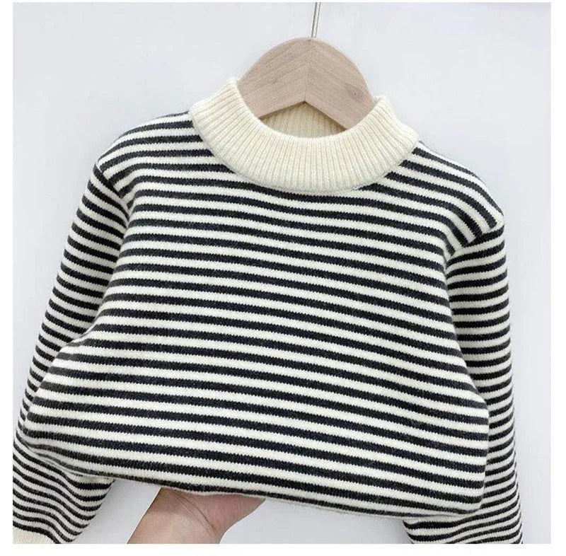 Maxy Boys Padded Sweater Autumn Winter Children's Fleece Striped Knitted Jumper Kids Warm Bottom Shirt Toddler Pullover Clothes