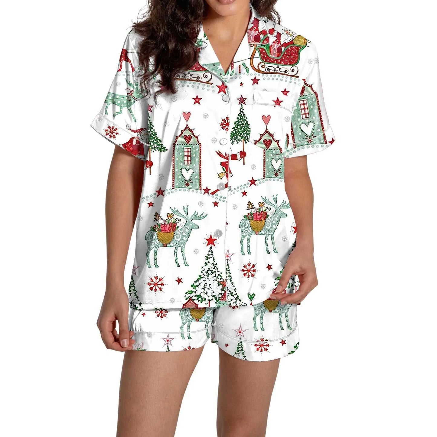 Christmas Graphic Print Women's Button-Down Shirts Pajamas Shorts Set Causal Women‘s Silk Satin 2 Piece Homewear Shorts Set Soft