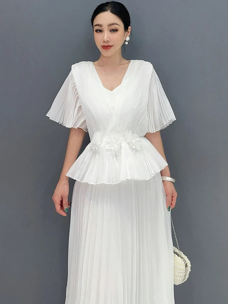 Babs SHENGPALAE Spring Summer New Chiffon Dress for Women Minimalist Fashion V-neck Princess Loose Elegant Female Dresses 5C1279