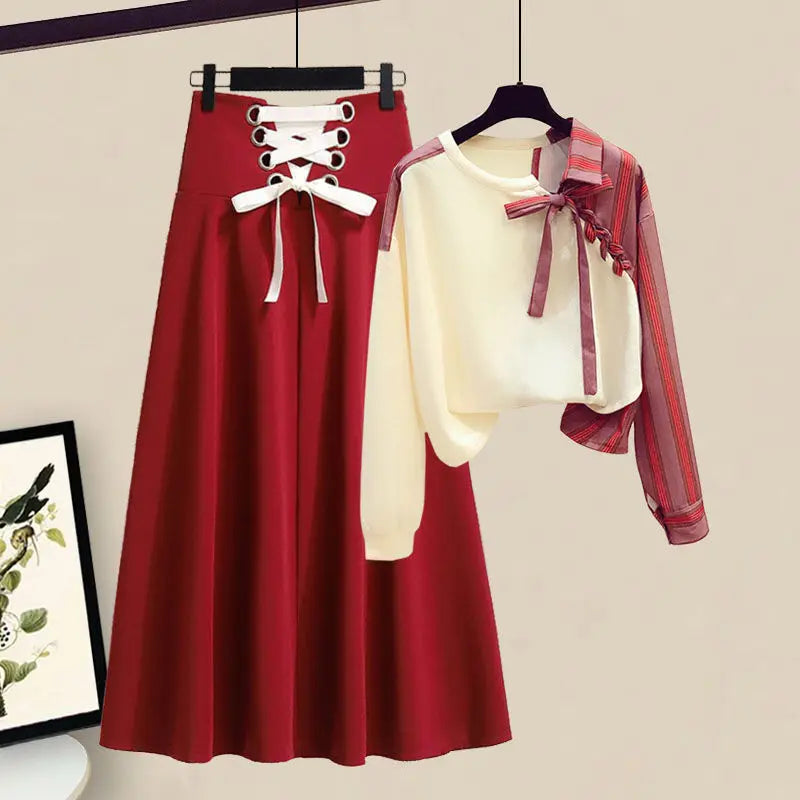 Maxy Casual Drawstring Bow Matching Sets Spring Autumn Fashion Asymmetrical Patchwork Female Clothing Two Piece Set Basic Dress Sets
