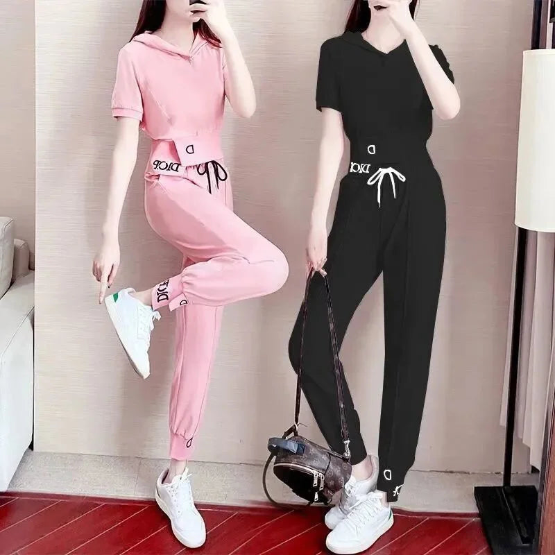 Zay Women's Fashion Tracksuit Spring Summer New and Korean Version Sports Casual Suit Short Sleeve Crop Top Pants Two Piece Set