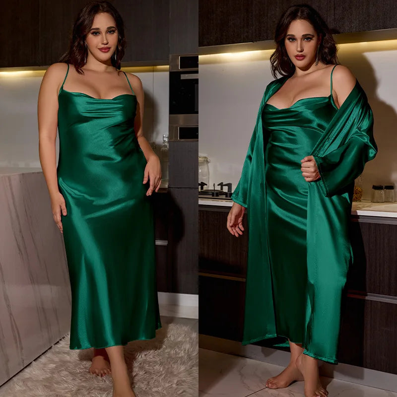 Maxy Big Size Women Nightwear Long Dress and Bathrobe Set for Ladies Pajamas Spring Summer Sexy Comfortable Home Wear Plus Size 2pcs