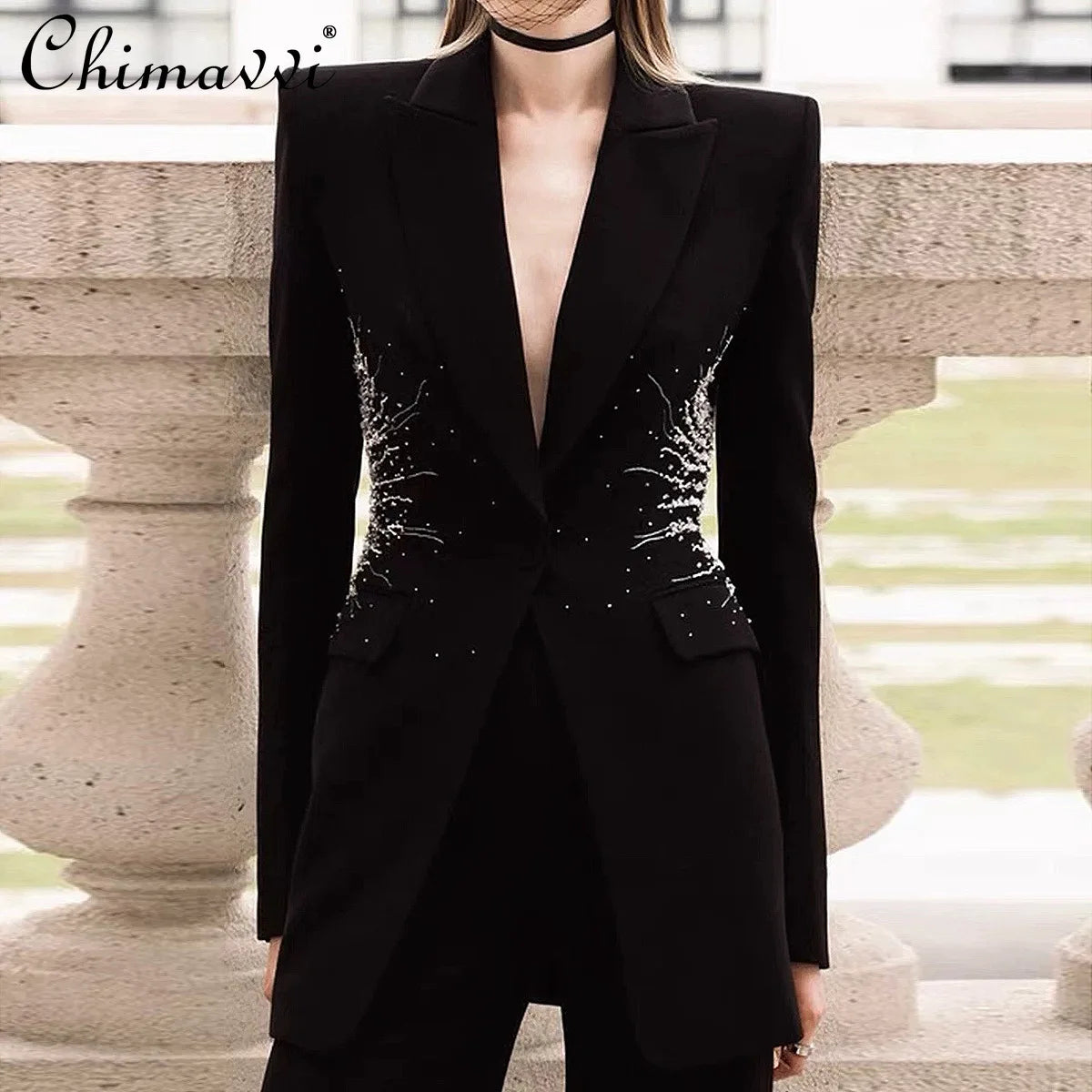 Maxy French Elegant Commuter Office Lady Business Sets Beads Single Buckle Suit Jacket High Waist Straight Pants Two-piece Set Women