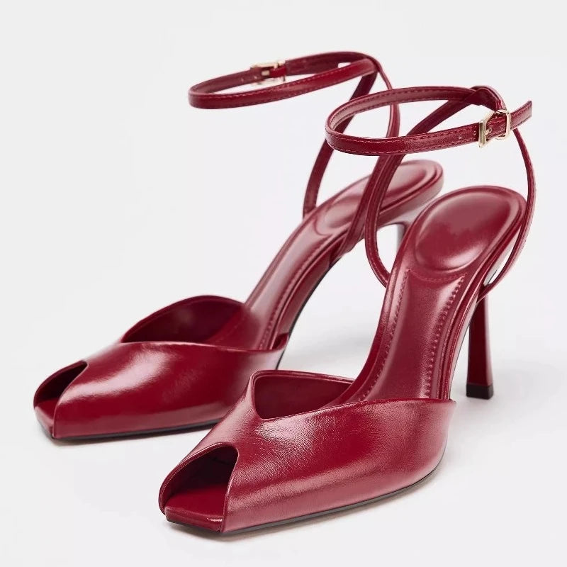 Maxy Comfort Soft Leather Brand High Heel Sandals Women Summer Sexy Open Toe Ankle Buckle Thin Heel Designer Shoes Fashion Dress Shoe
