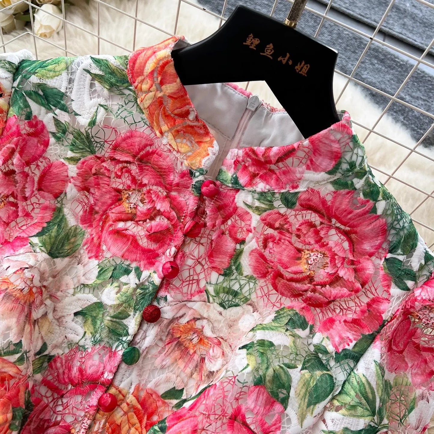 Maxy Hollow Out Beach Long Dress Holiday Gorgeous Flower Embroidery Stand Collar Slim Fit Crochet Lace Print Summer Women Clothes