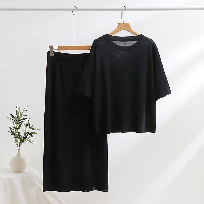 Maxy Casual Spring Summer Knitted Two Piece Women Sets Loungewear Knit Skirt 2 Piece Set Floral Short Sleeve Knitted Dress Sets Women