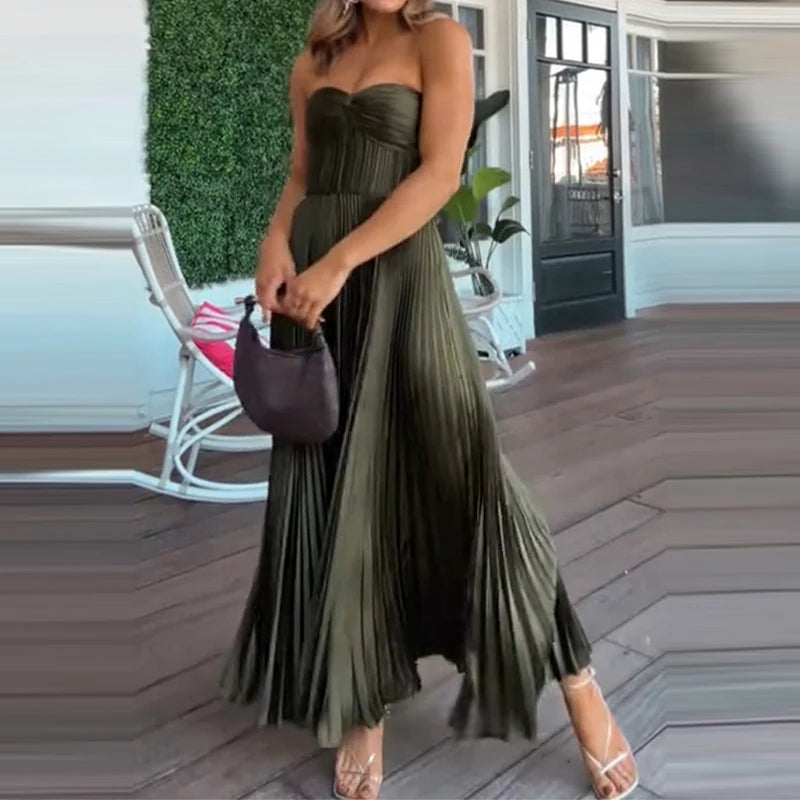 Maxy Summer High Waist Vacation Long Dress Leisure Sleeveless Backless Swing Evening Dress Female Elegant Solid Color Draped Dresses