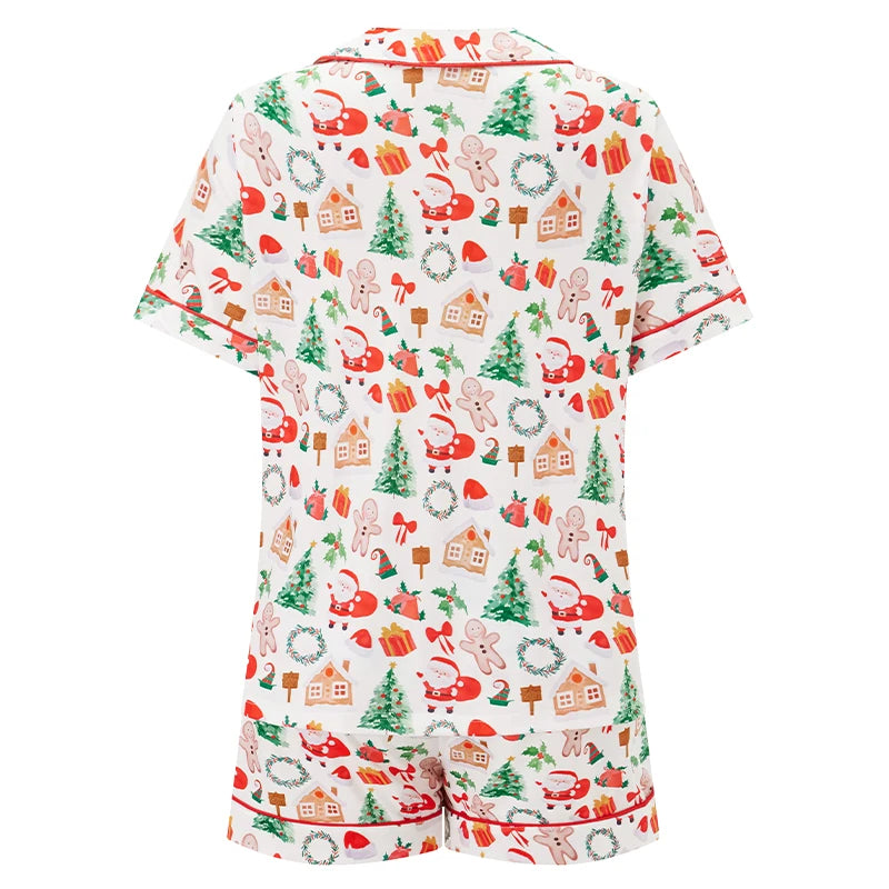 Family Matching Christmas Pajama Set Gingerbread Print Short Sleeve Tops Elastic Waist Shorts