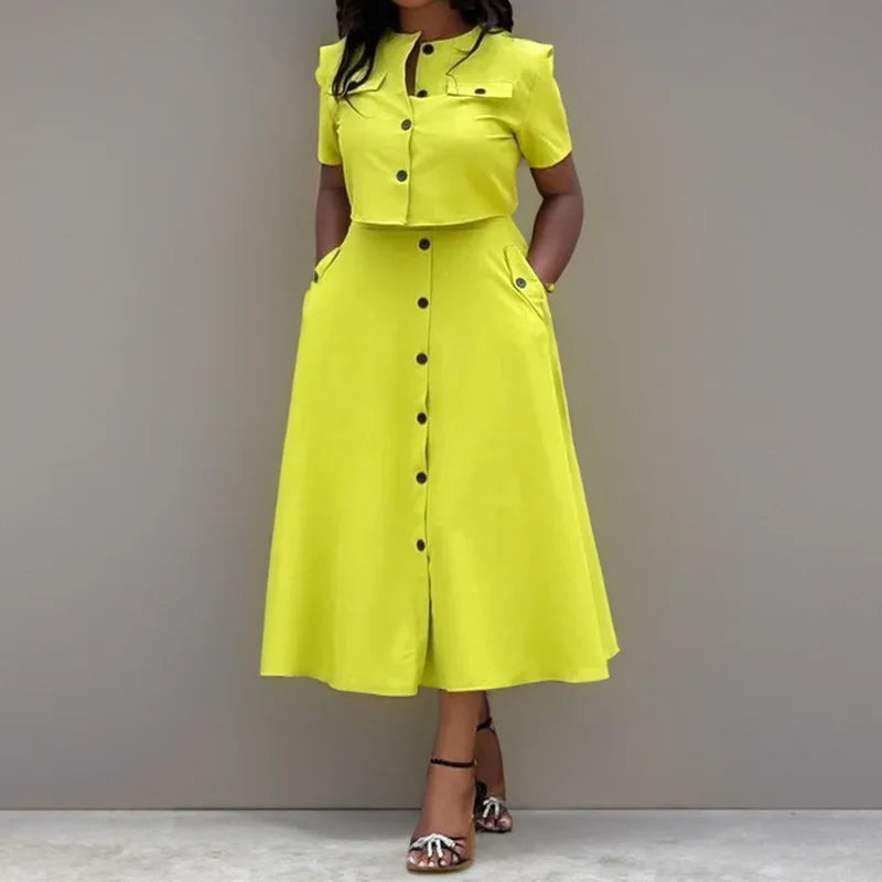 Babs Skirts Shirt Women's Two-piece Set Elegant O Neck Short-sleeved Button Top High Waist Skirt 2-piece Suit Woman Spring Summer