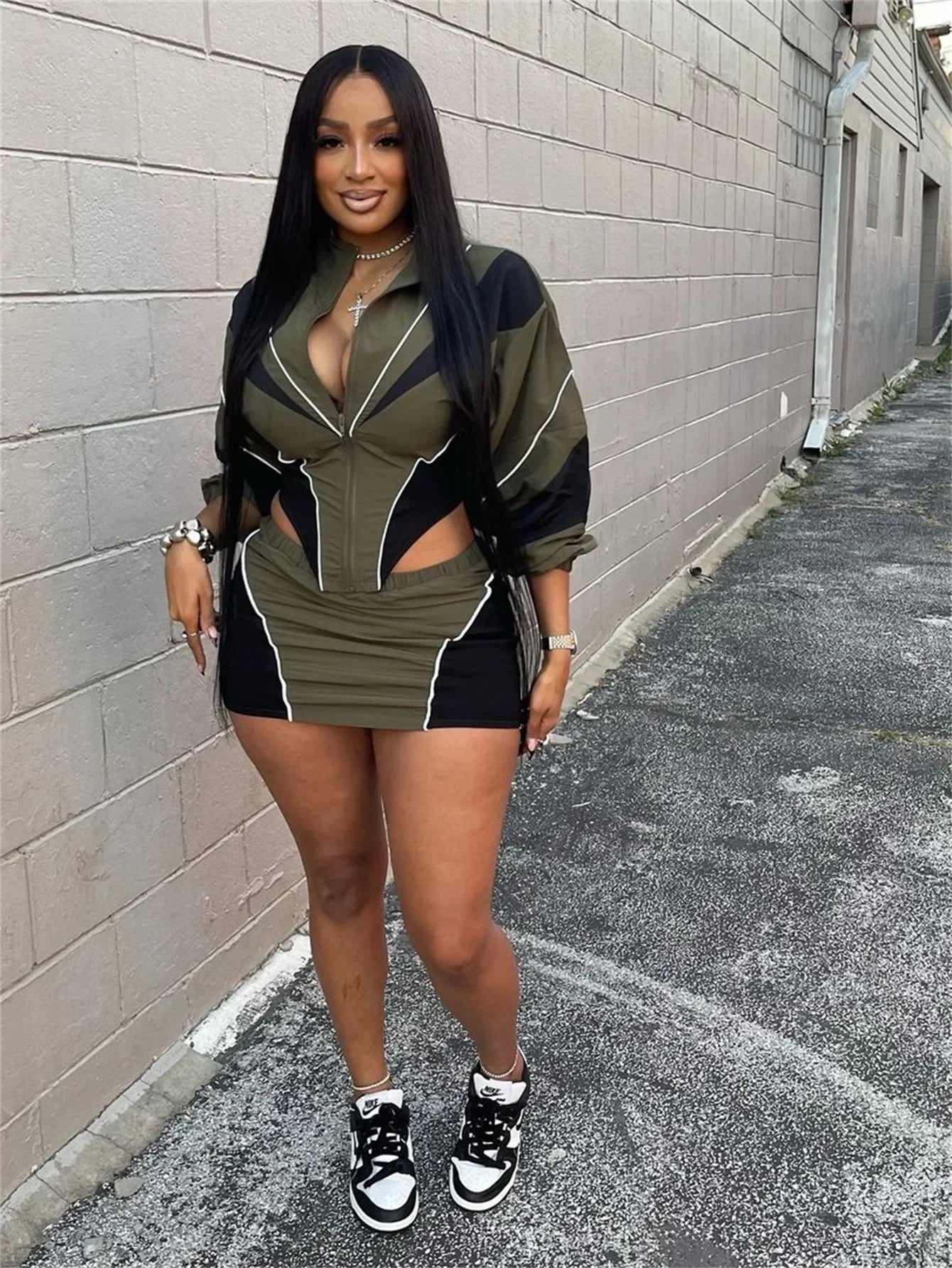 Maxy FAGADOER Color Block Two Piece Set For Women Casual Zip Lantern Sleeve Irregular Crop Jacket + High Waist Skirts Suit Streetwear