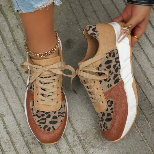 Maxy Women Casual Platform Shoes Round Toe Low-top Leopard Wedge Sneakers Women Comfortable Lace Up Outdoor Shoes for Women