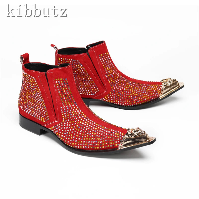 Maxy Fashion Rhinestones Suede Leather Ankle Boots Men New Luxury Metal Toe Chelsea Boots Male Party Dress Shoes