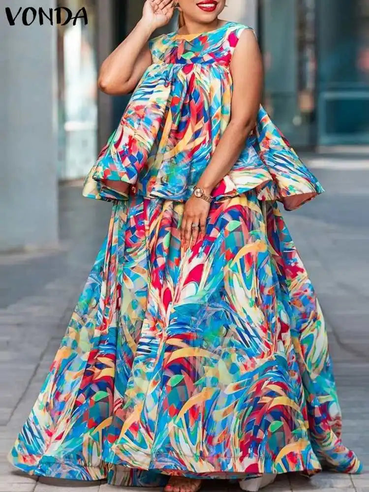 Maxy Plus Size VONDA Women Summer Dress Sets Oversize Sleeveless Tops and Maxy Skirt Bohemian Printed Sets 2PCS Loose Sets