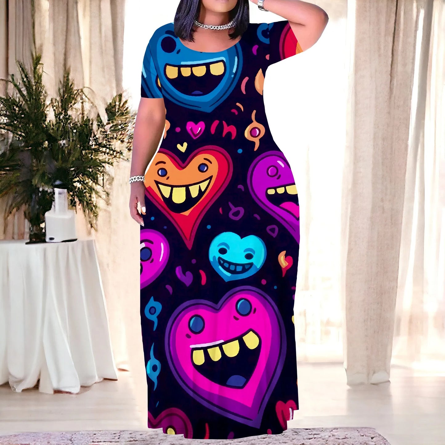 Maxy Plus Size Long Dress Sexy Outfits for Women Printed Loose Cute Dress
