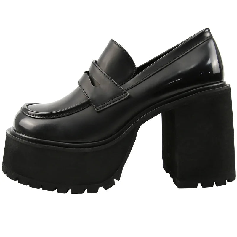 Maxy Chunky Platform Loafers Heel Patent Leather Slip on Casual Shoes Women Lady Office Shoes Japanese Lolita Black 10cm Heels Pumps