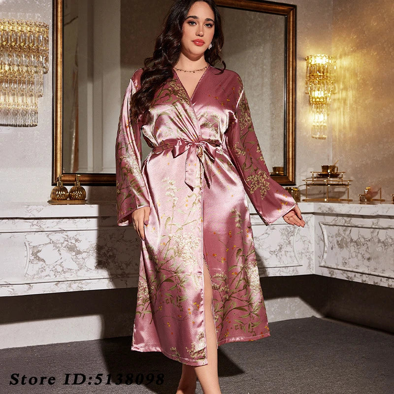 Maxy Print Cherry 2PCS Robe Set Spaghetti Strap Nightgown Spring Women Kimono Bathrobe Gown Large Size 5XL Sleepwear Satin Home Wear