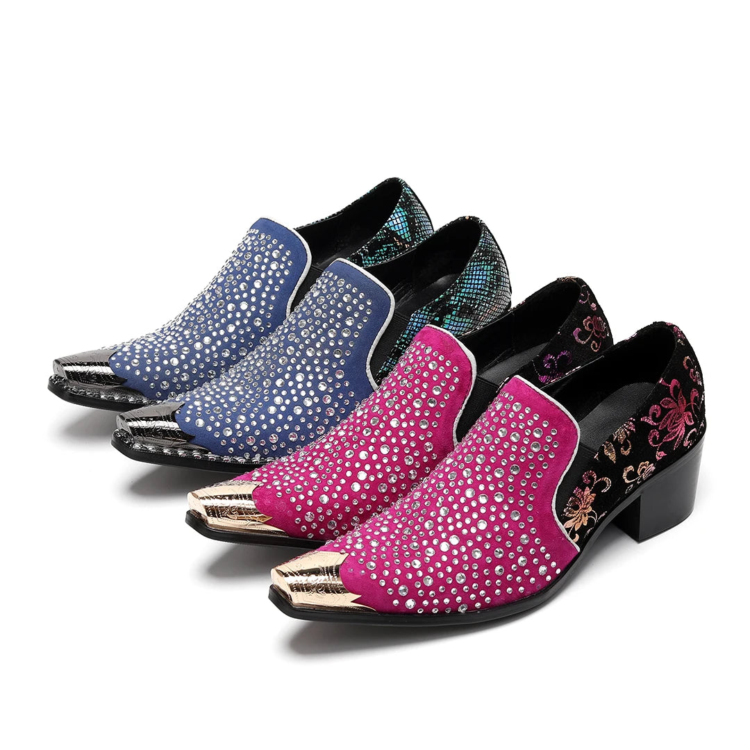 Visco Luxury Rhinestone Men Genuine Leather Shoes Metal Pointed Toe Male Party Wedding Dress Shoes Plus Size Slip on Party Formal Shoe